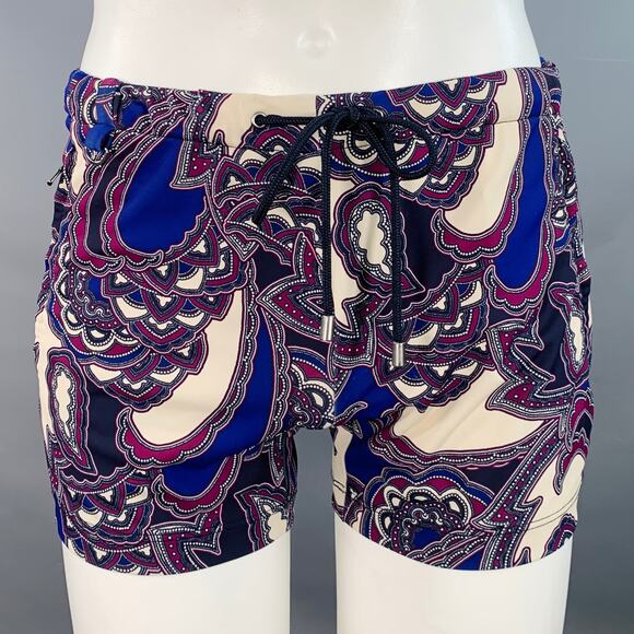 MR TURK Size M Cream Purple Paisley Polyester Blend Drawstring Swim Trunks - Picture 1 of 4